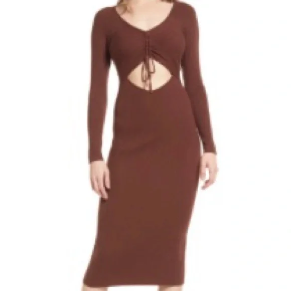 All in Favor Gathered Front Cutout Long Sleeve Rib Midi Dress in Coffee at Nordstrom, Size X-Large All in Favor Gathered Front Cutout Long Sleeve Rib Midi Dress in Coffee at Nordstrom, Size X-Large